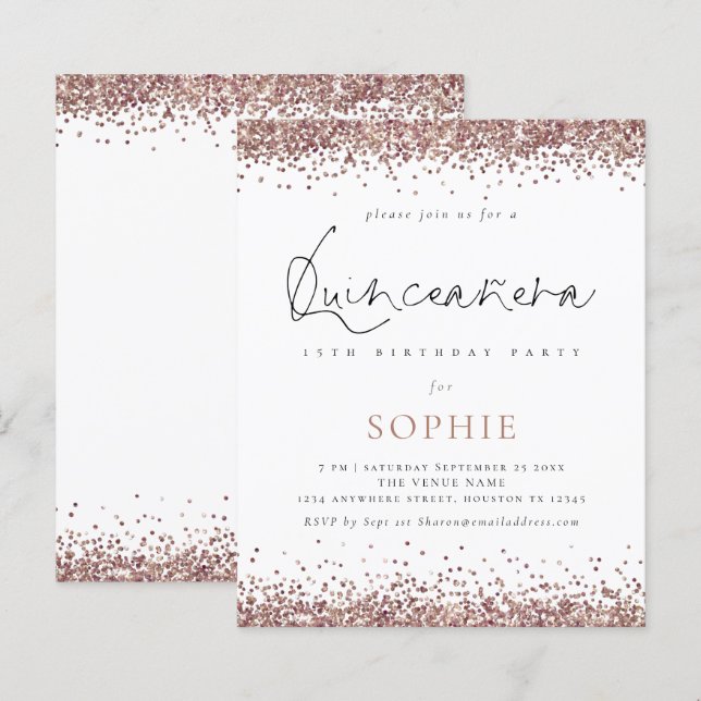 Budget Rose Gold Glitter Quinceanera Party Invite (Front/Back)