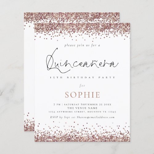 Budget Rose Gold Glitter Quinceanera Party Invite
