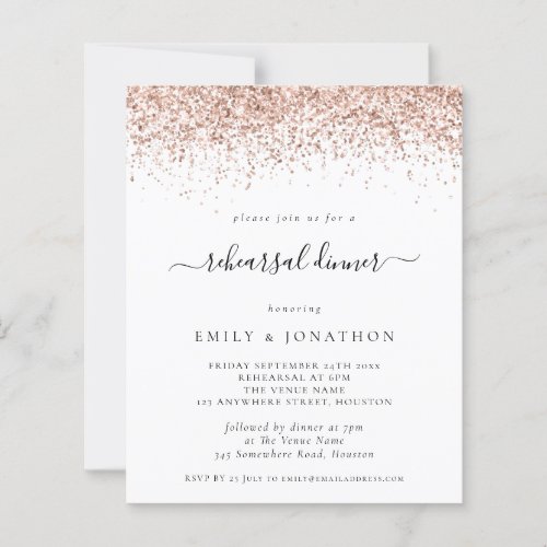 Budget Rose Gold Glitter Rehearsal Dinner Invite