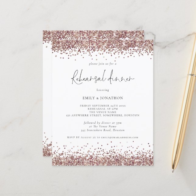 Budget Rose Gold Glitter Rehearsal Dinner Invite (Front/Back In Situ)