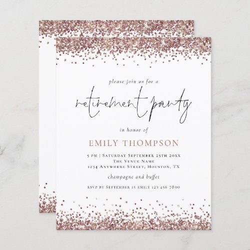 Budget Rose Gold Glitter Retirement Party Invite