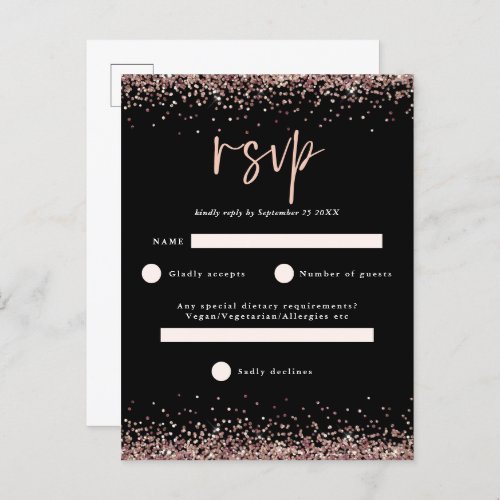 Budget Rose Gold Glitter Script Black Wedding RSVP Postcard