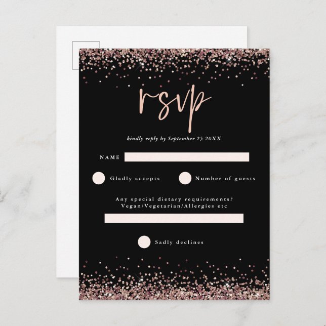 Budget Rose Gold Glitter Script Black Wedding RSVP Postcard (Front/Back)