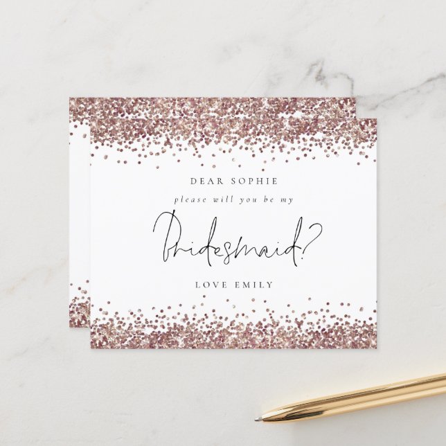 Budget Rose Gold Glitter Script Bridesmaid Request (Front/Back In Situ)