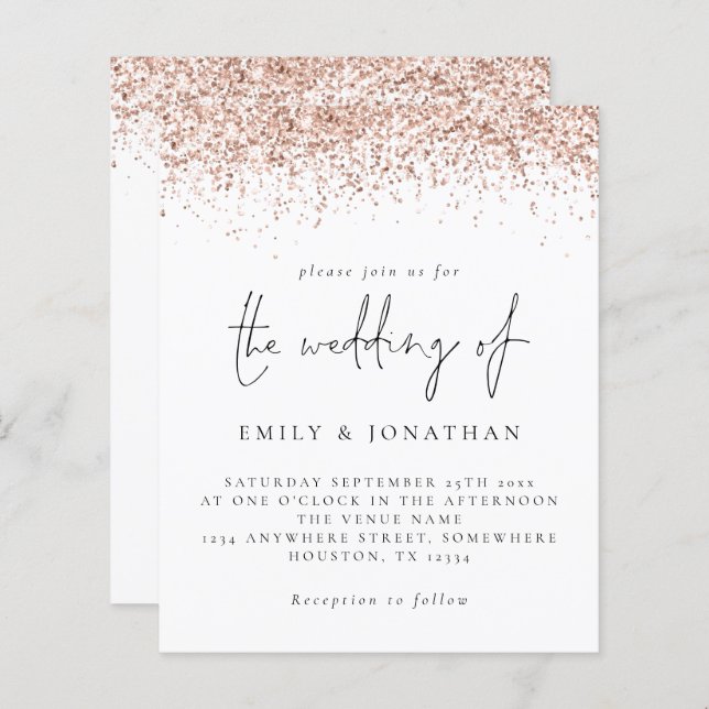 Budget Rose Gold Glitter Script Wedding Invite (Front/Back)