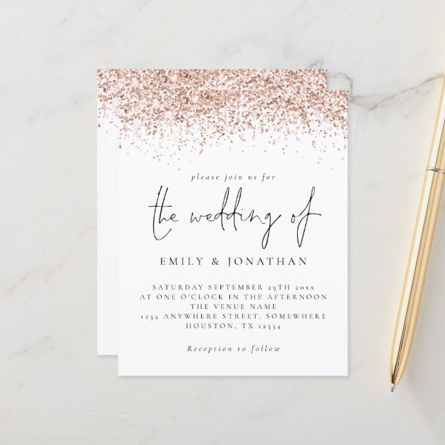 Budget Rose Gold Glitter Script Wedding Invite (Front/Back In Situ)