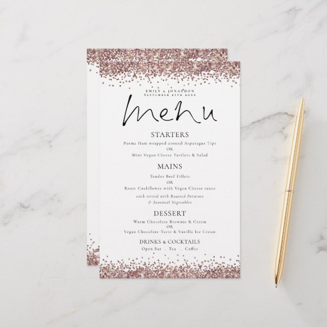 Budget Rose Gold Glitter Script Wedding Menu (Front/Back In Situ)