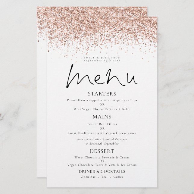 Budget Rose Gold Glitter Script Wedding Menu (Front/Back)