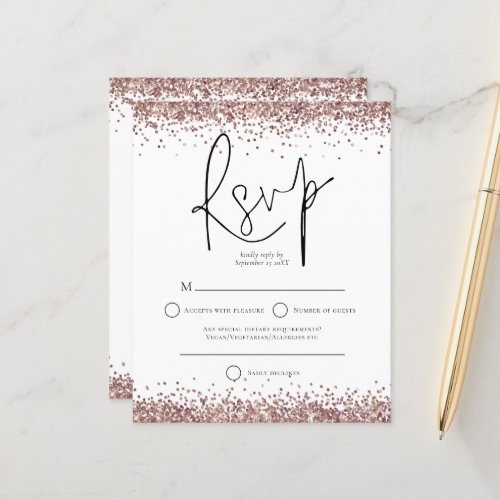 Budget Rose Gold Glitter Script Wedding RSVP