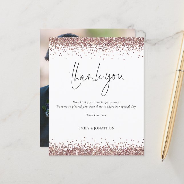Budget Rose Gold Glitter Script Wedding Thank You (Front/Back In Situ)