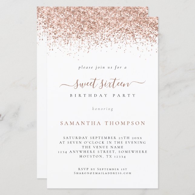 Budget Rose Gold Glitter Sweet 16 Birthday Invite (Front/Back)