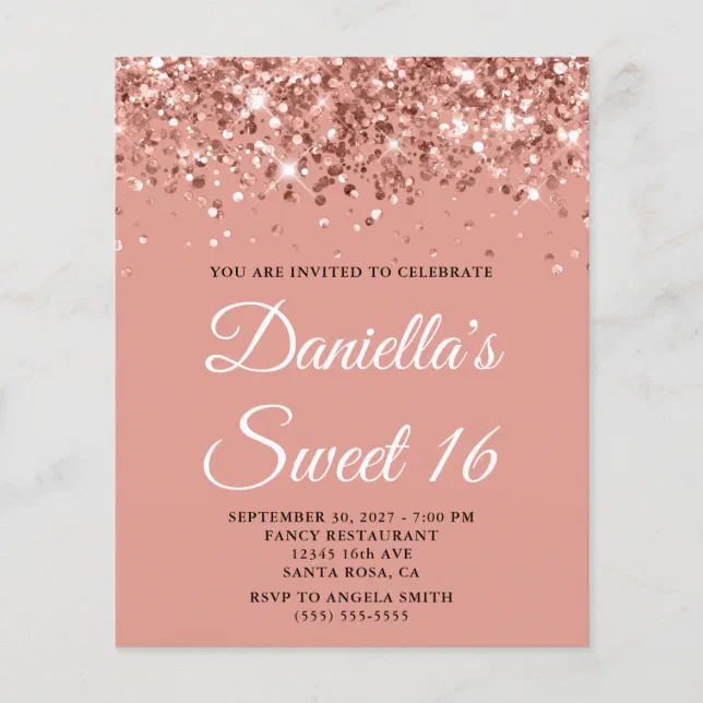 Budget Rose Gold Glitter Sweet 16 Invitation | Zazzle