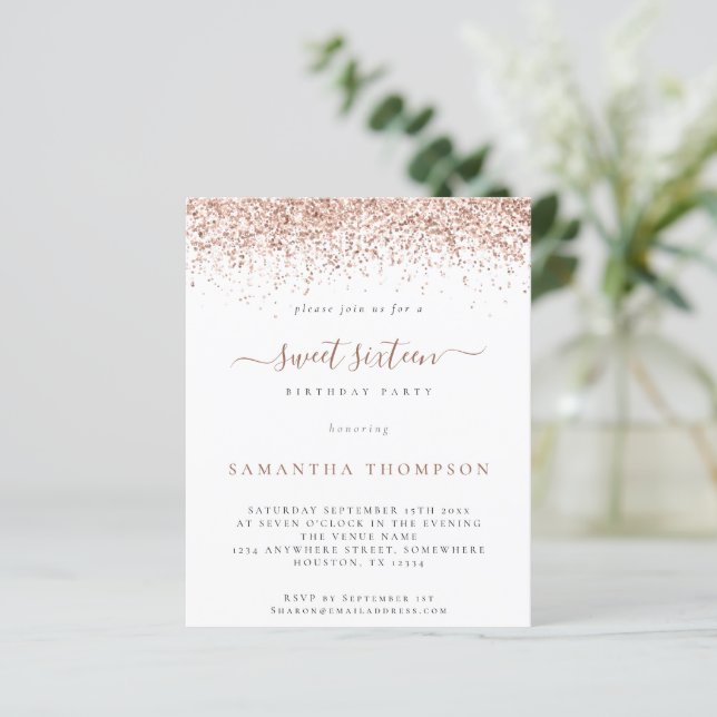Budget Rose Gold Glitter Sweet 16 Invitation (Standing Front)