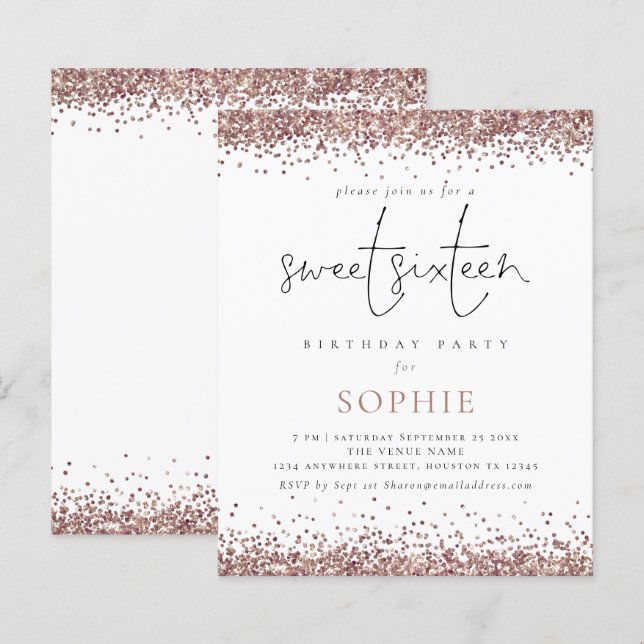 Budget Rose Gold Glitter Sweet 16 Party Invite (Front/Back)