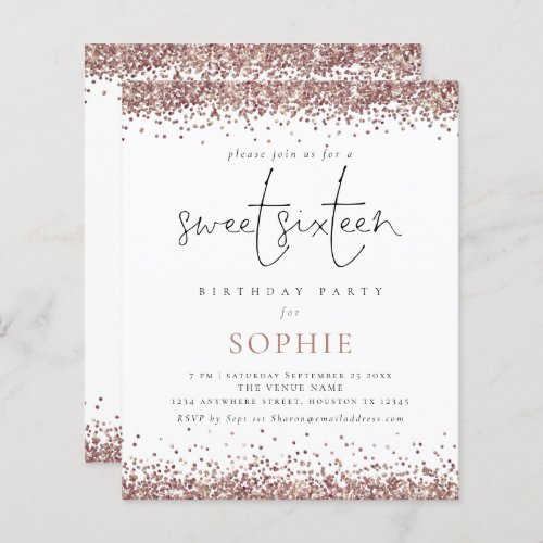 Budget Rose Gold Glitter Sweet 16 Party Invite