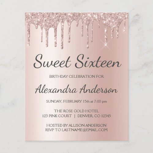 Budget Rose Gold Glitter Sweet Sixteen Birthday Flyer