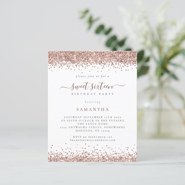 Budget Rose Gold Glitter Sweet Sixteen Invitation (Standing Front)