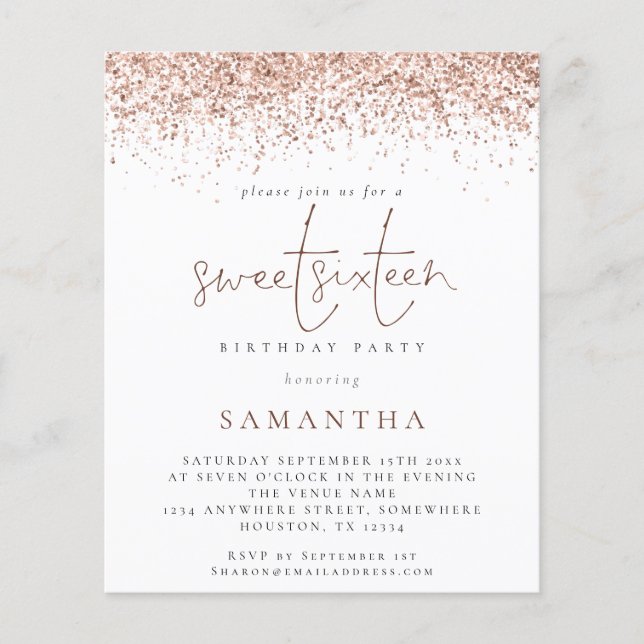 Budget Rose Gold Glitter Sweet Sixteen Invite (Front)