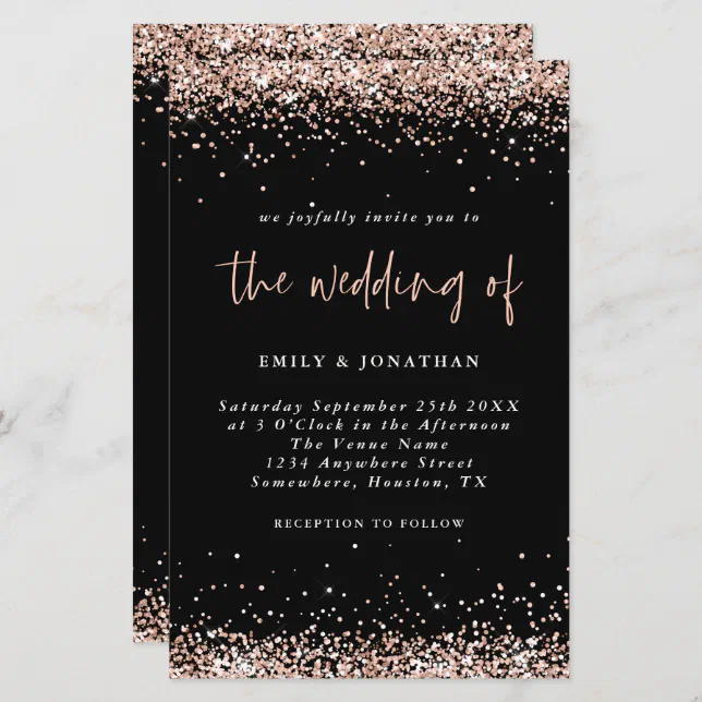 Budget Rose Gold Glitter Wedding Black Invitation 