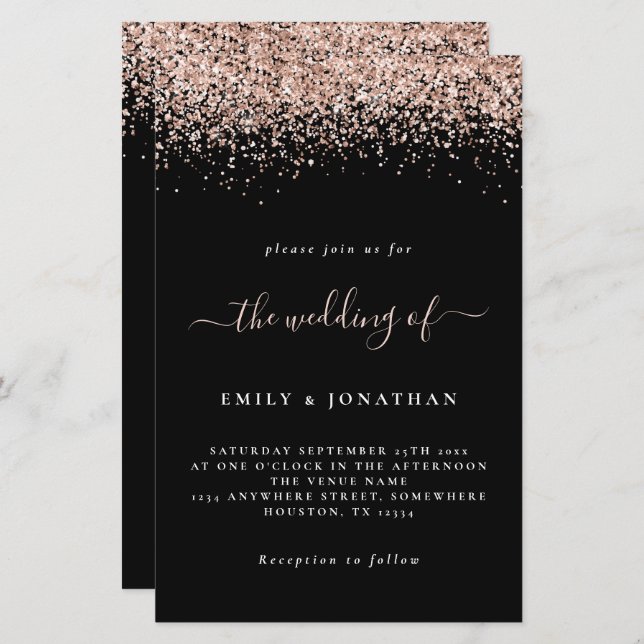 Budget Rose Gold Glitter Wedding Black Invite (Front/Back)