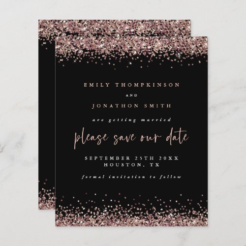 Budget Rose Gold Glitter Wedding Black Save Date