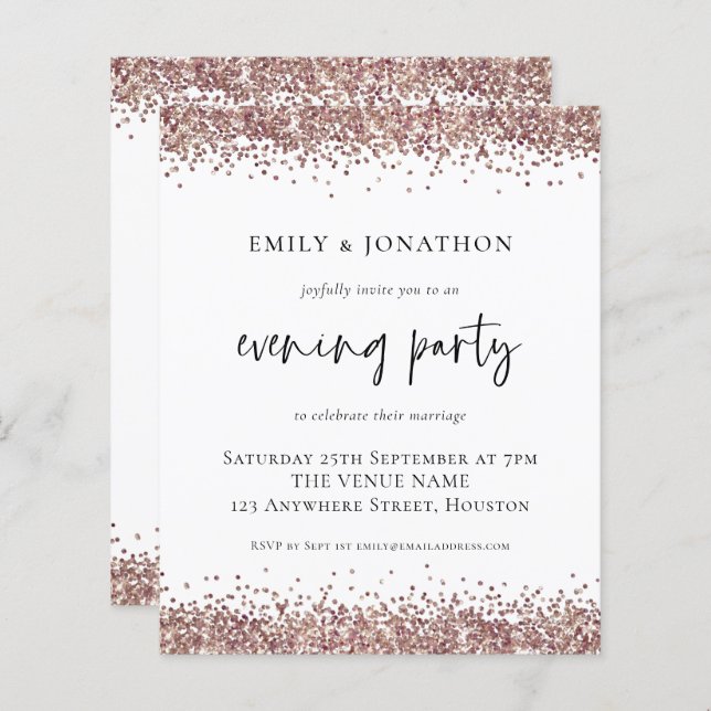 BUDGET Rose Gold Glitter Wedding Evening Invite (Front/Back)