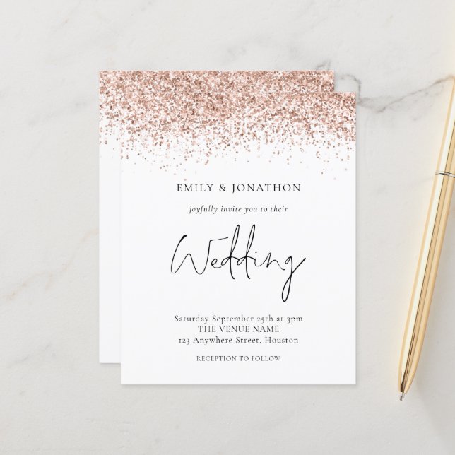 Budget Rose Gold Glitter Wedding Invitation (Front/Back In Situ)