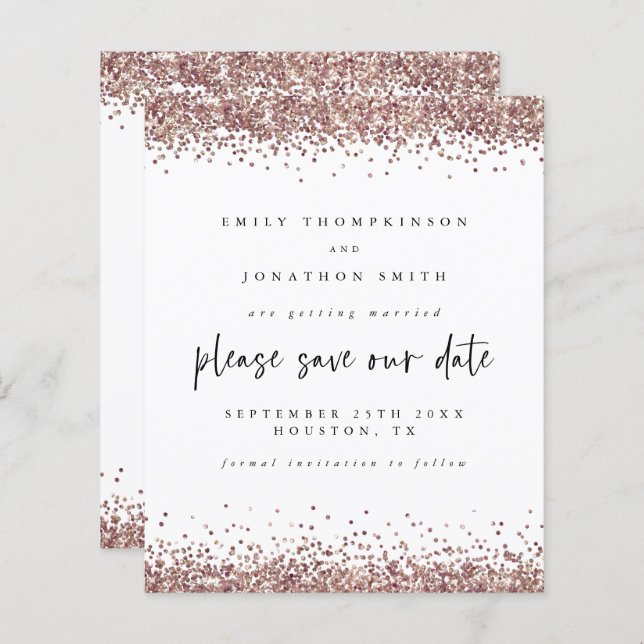 Budget Rose Gold Glitter Wedding White Save Date (Front/Back)