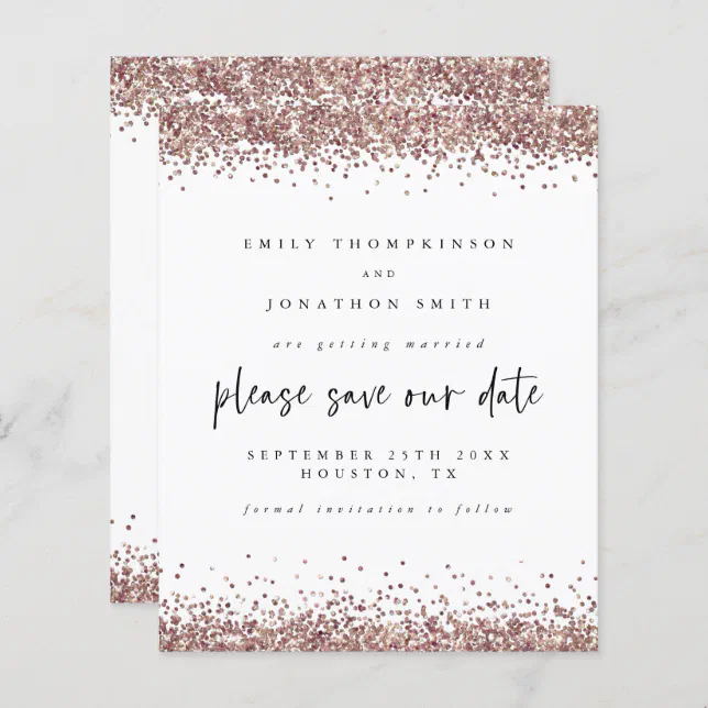 Budget Rose Gold Glitter Wedding White Save Date Zazzle