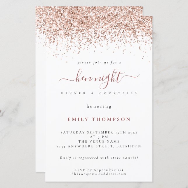 Budget Rose Gold Glitter White Hen Night Invite (Front/Back)
