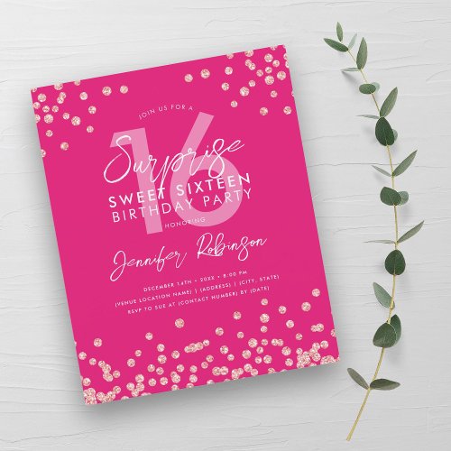 Budget Rose Gold Hot Pink Confetti Sweet 16 Invite