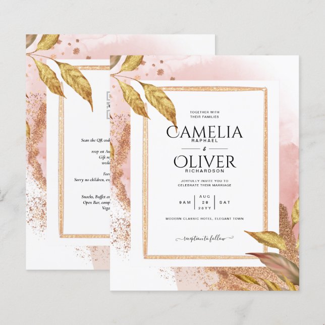 BUDGET Rose Gold Leaves Wedding Invite QR Code (Front/Back)