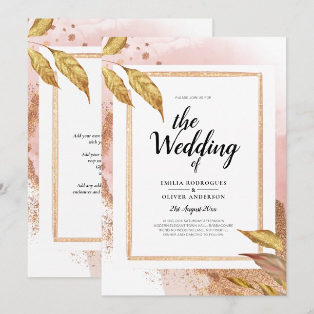 BUDGET Rose Gold Leaves Wedding Invite QR Code (Front/Back)