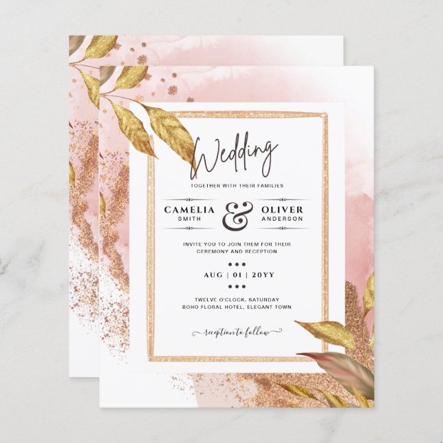 BUDGET Rose Gold Leaves Wedding Invite QR Code (Front/Back)