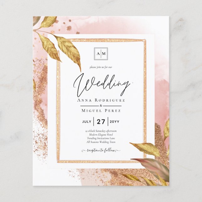 BUDGET Rose Gold Leaves Wedding Invite QR Code Flyer (Front)
