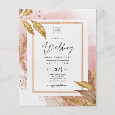 BUDGET Rose Gold Leaves Wedding Invite QR Code Flyer