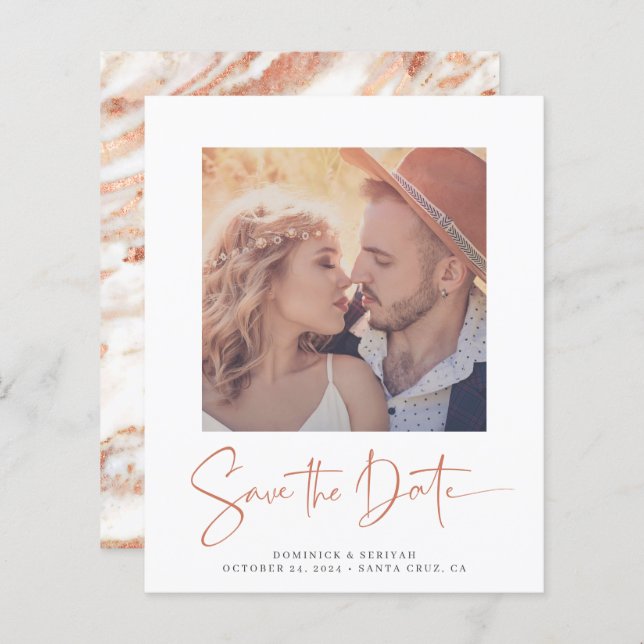 Budget Rose Gold Marble Wedding Save the Date (Front/Back)