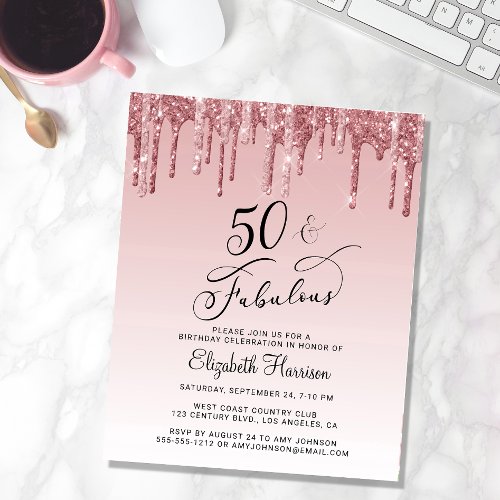 Budget Rose Gold Pink Glitter 50th Birthday Invite
