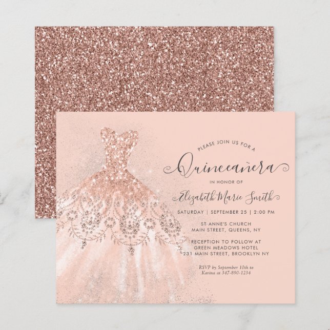 Budget Rose Gold Pink Glitter Gown Quinceanera (Front/Back)