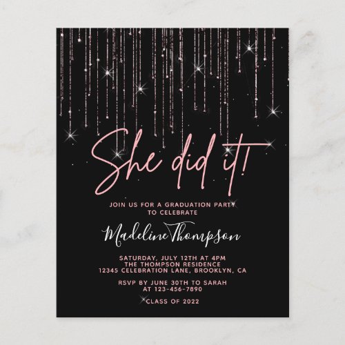  Budget Rose Gold She did it Graduation Invitation