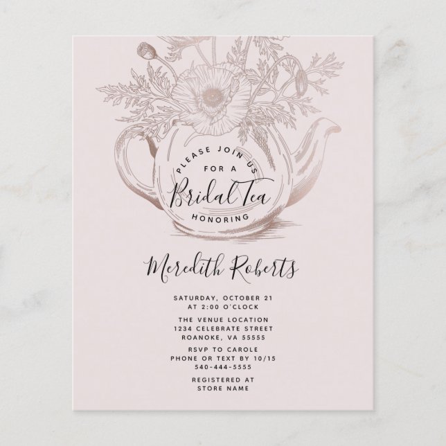 Budget Rose Gold Teapot Bridal Tea Invitation (Front)
