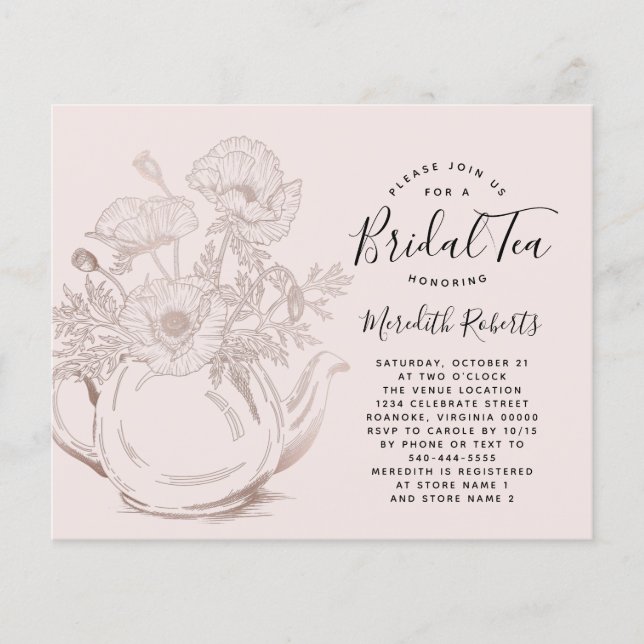 Budget Rose Gold Teapot Bridal Tea Invitation (Front)