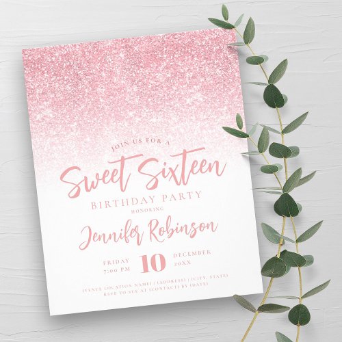 Budget Rose Gold White Glitter Sweet 16 Invite Flyer