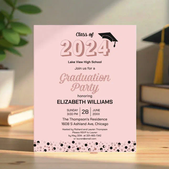 Budget Rose Script Confetti Grad Party Invitation | Zazzle