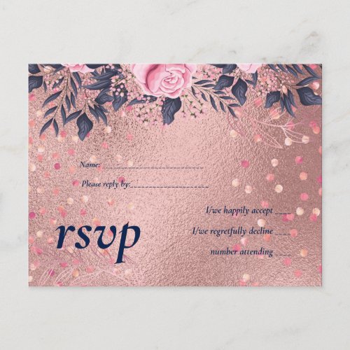 BUDGET Rosegold Blue Pink WEDDING Girly Glam Invitation Postcard
