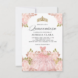 BUDGET Rosegold Pink Dress Floral 15th Quinceañera Note Card
