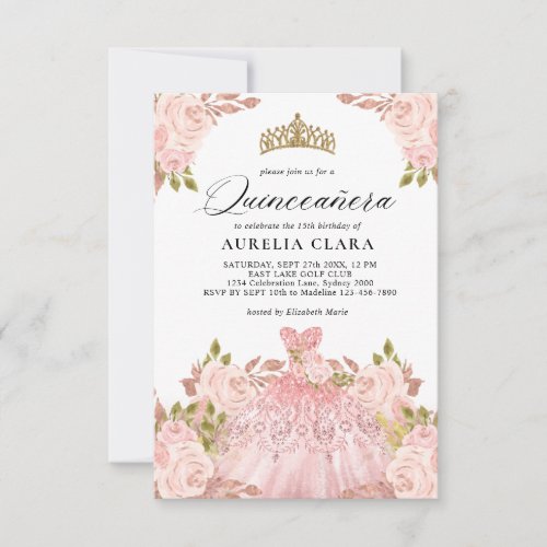 BUDGET Rosegold Pink Dress Floral 15th Quinceaera Note Card