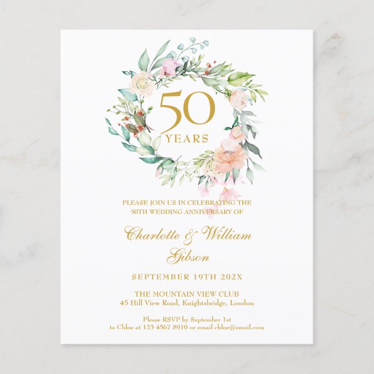 Budget Roses Garland 50th Anniversary Invitation | Zazzle
