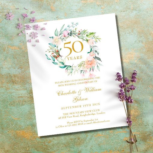 Budget Roses Garland 50th Anniversary Invitation | Zazzle