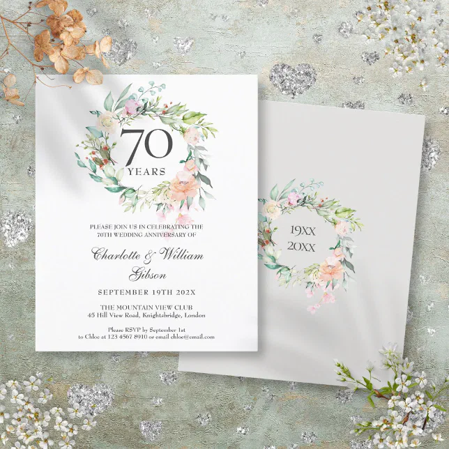 Budget Roses Garland 70th Anniversary Invitation | Zazzle